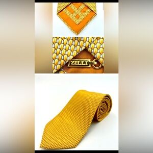 LUXURY ZILLI Men's Gold Geometric 100% Silk Tie Made Italy Gold Tag 59X4.75